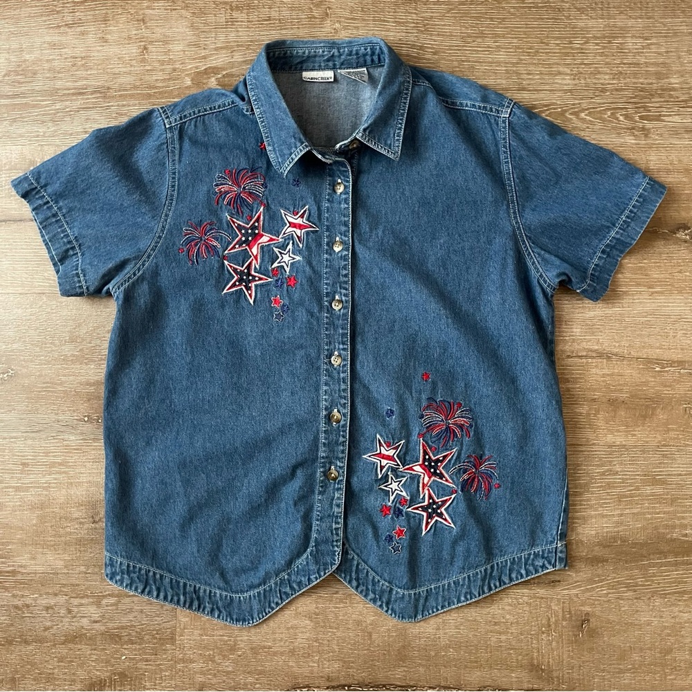 Americana Cabin Creek Denim button Shirt w/patriotic Embroidery size large